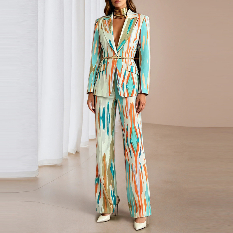Women's Printed Blazer and Pants Set Long Sleeve Two-Piece Suit