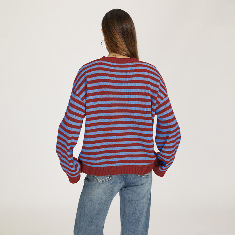 Striped Knit Pullover Sweater, Loose Fit Crew Neck Long Sleeve