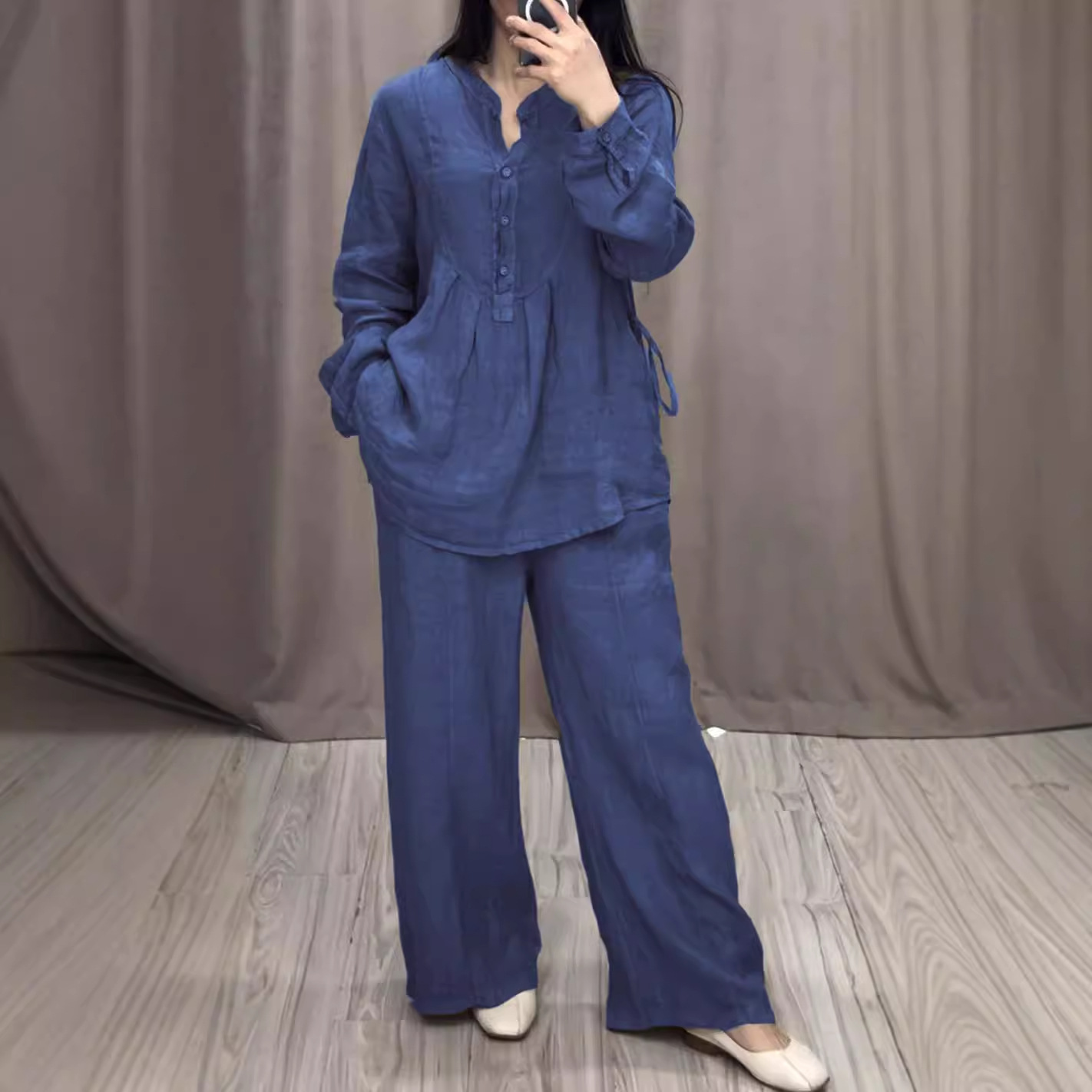 Cotton Linen Long Sleeve Half-Placket Pleated Wide-Leg Pants Set