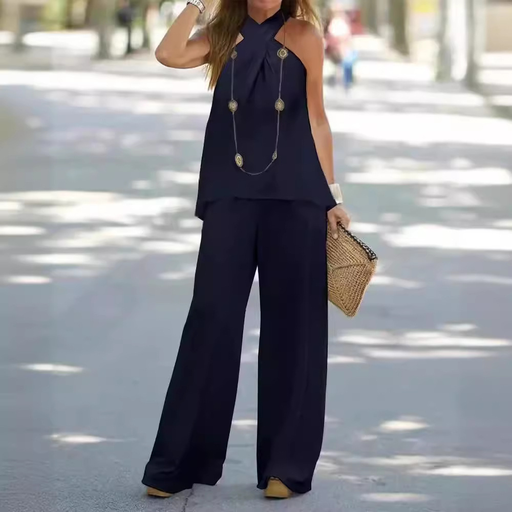Women's Sleeveless Halter Two-Piece Set with Wide-Leg Pants