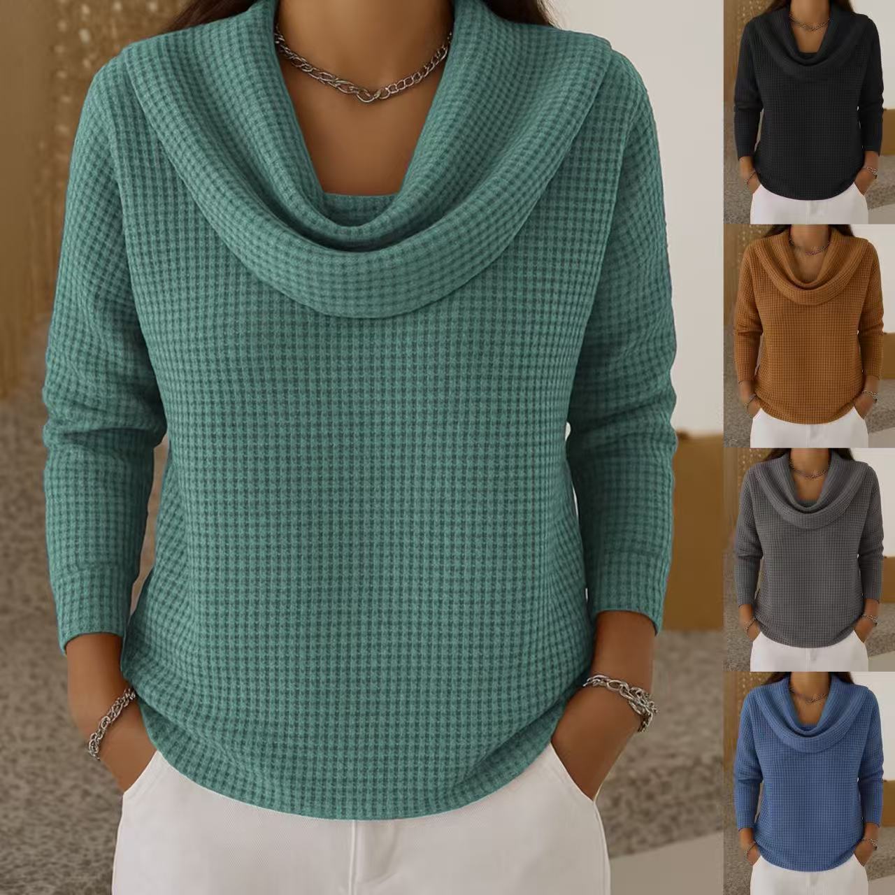 Women's Waffle Knit Long Sleeve Pullover Top Solid Color Casual Loose Fit