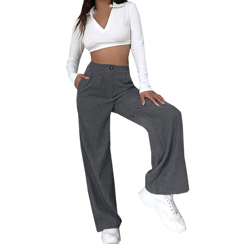Women's High-Waist Corduroy Straight-Leg Pants Solid Color Casual Trousers