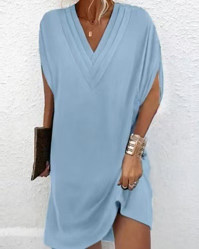 Women's V-Neck Pleated Batwing Sleeve Midi Dress