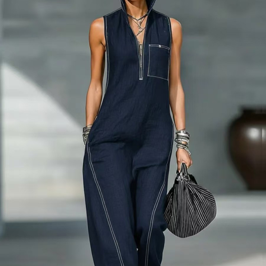 Women's Sleeveless Stand Collar Wide-Leg Jumpsuit Casual Loose Solid Color