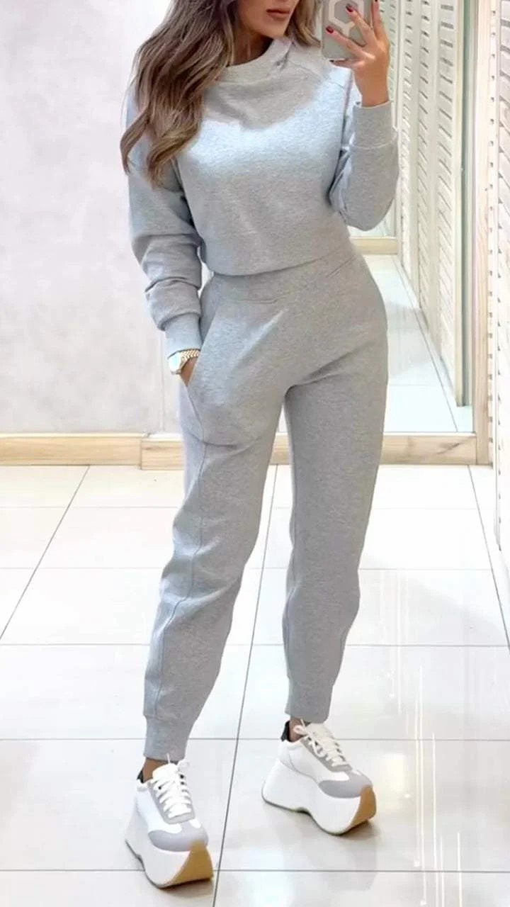 Women's High Neck Slim Fit Long Sleeve Casual Two-Piece Set