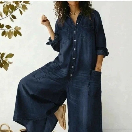 Soft Denim Jumpsuit with Long Sleeves, Collared Neck, Chest Pockets, Side Pockets, Loose Wide Leg