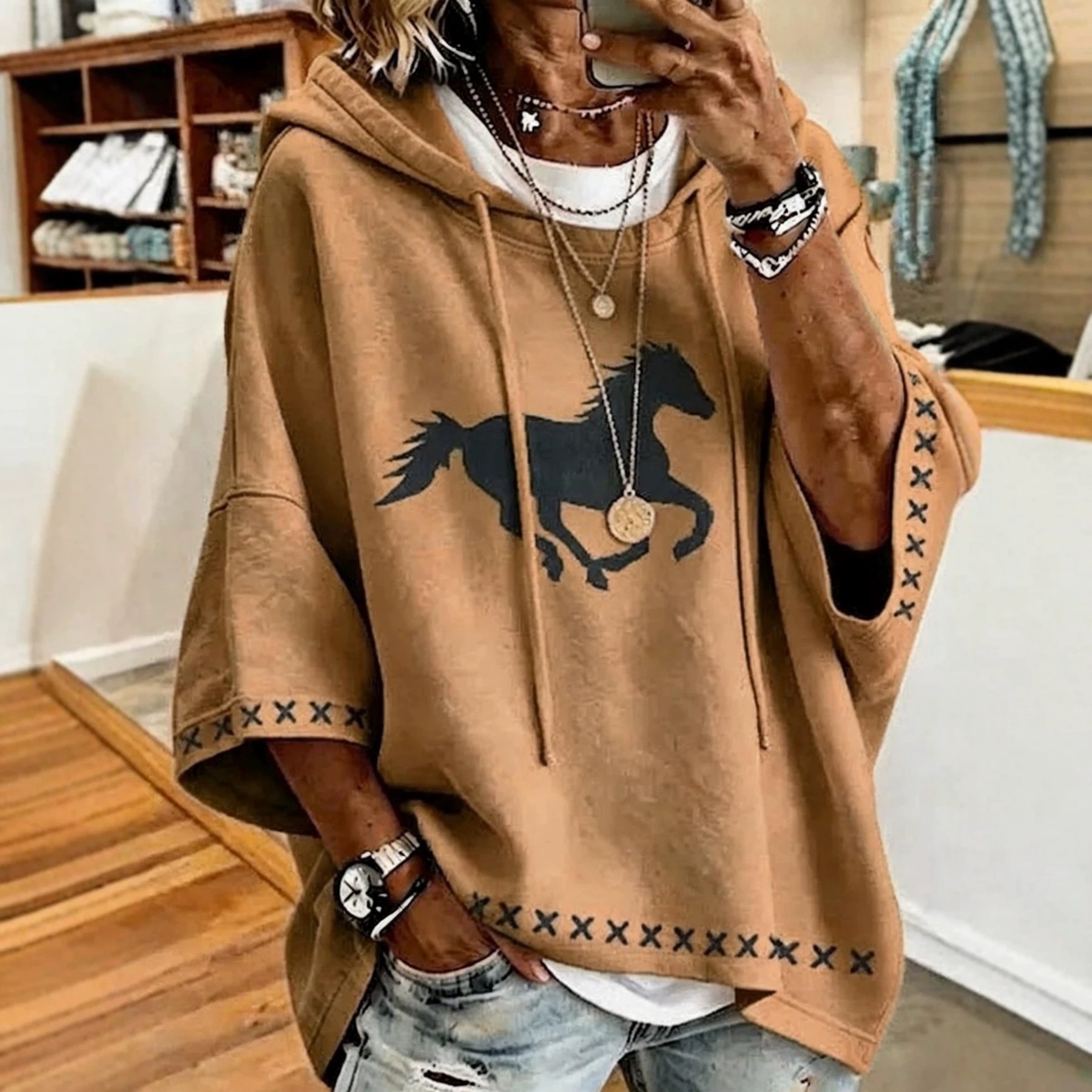 Women's Vintage Black Horse Print Drawstring Hoodie 3/4 Sleeve Loose Drop Shoulder Western Sweatshirt Camel