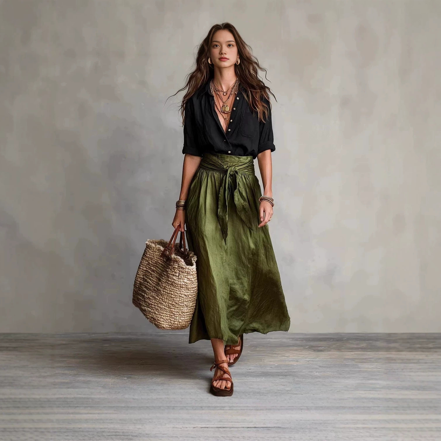 Color-Block Shirt and Midi Skirt Two-Piece Set