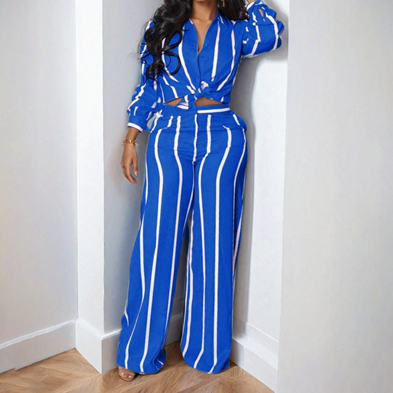 Striped Collared Shirt and Pants Set Casual Two-Piece