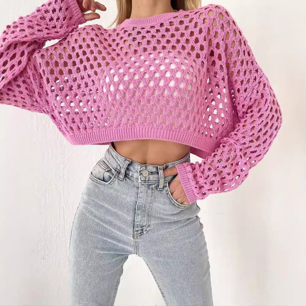 Women's Hollow-Out Knit Sweater with Bell Sleeves, Loose Crew Neck Pullover