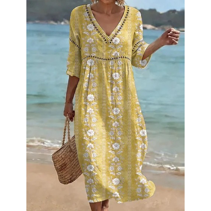Women's Floral Print Pleated Midi Dress with Deep V-Neck and 3D Effect