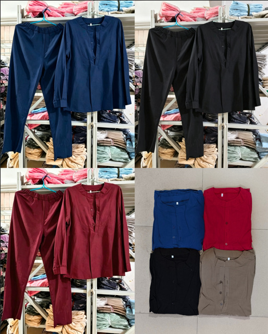 Cotton-Linen Long-Sleeve Half-Placket Pleated Wide-Leg Pants Set