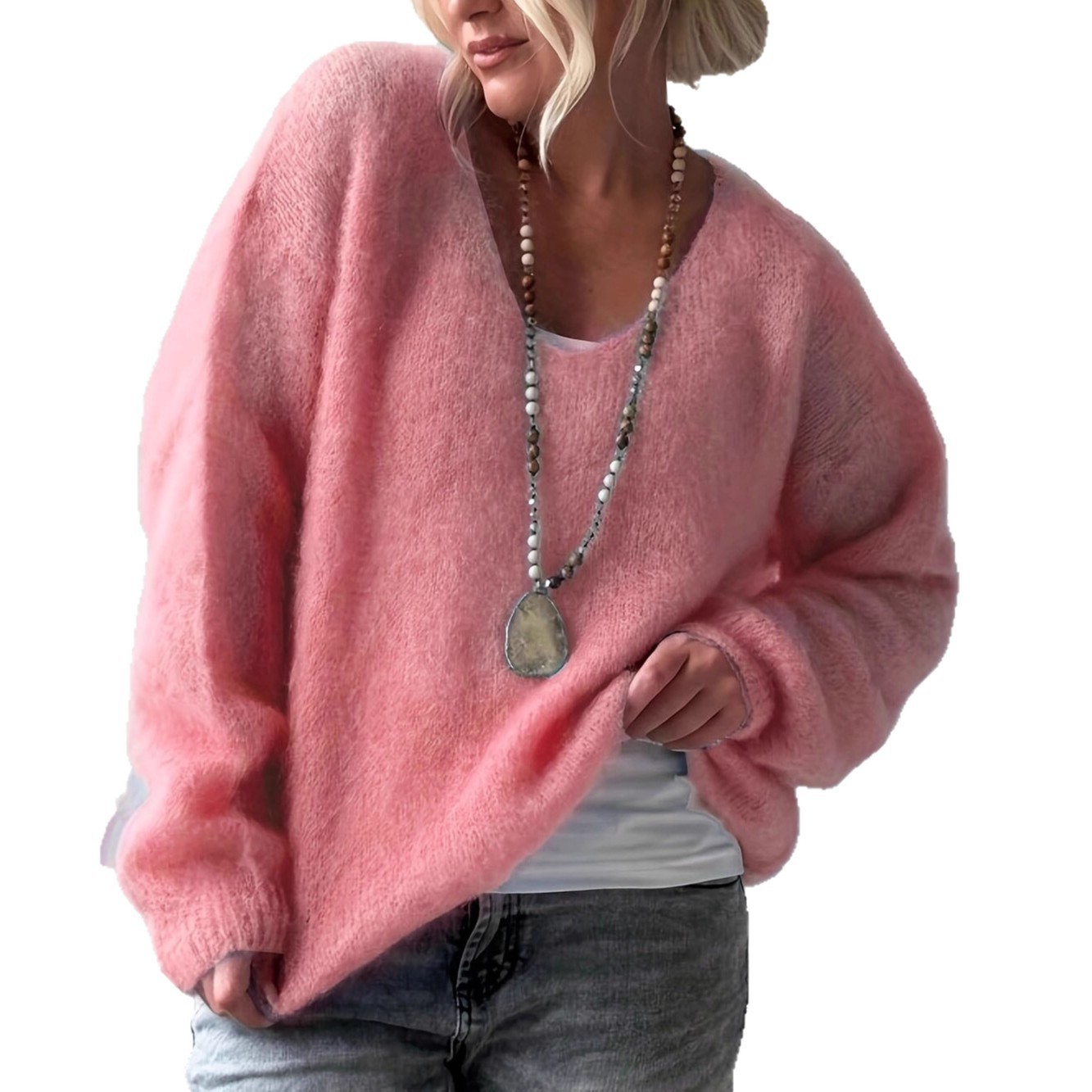 Soft V-Neck Long-Sleeve Pullover Sweater Women Solid Loose Knit Top