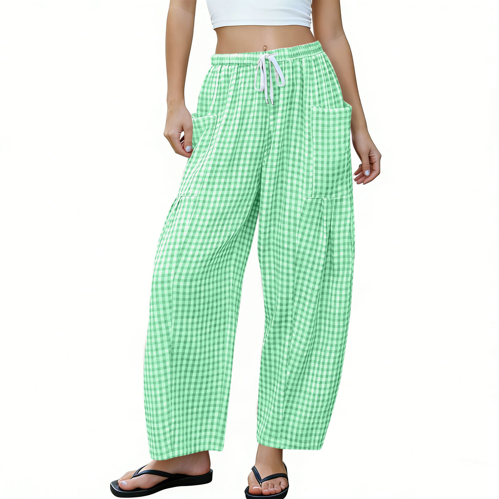 Plaid Wide-Leg Pants for Women High Waist Loose Drapey Floor-Length