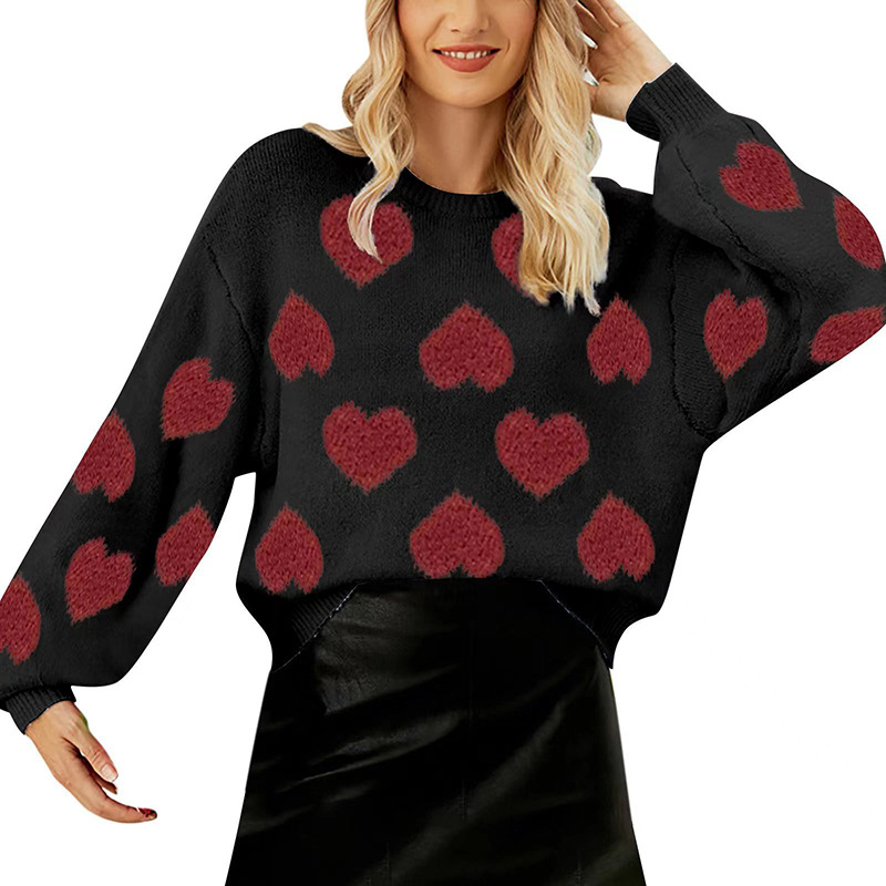 Puff Sleeve Heart Jacquard Pullover Sweater