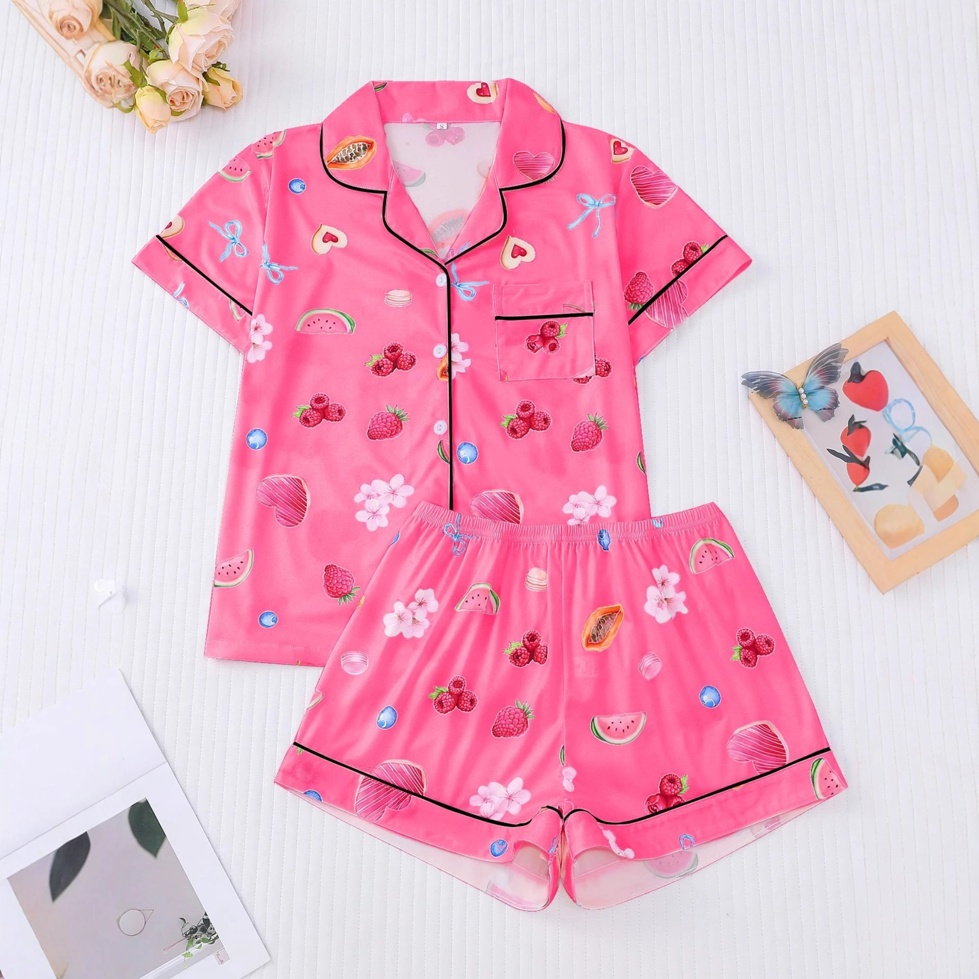 Women's Cuban Collar Fruit Print Shirt Set Casual Loungewear