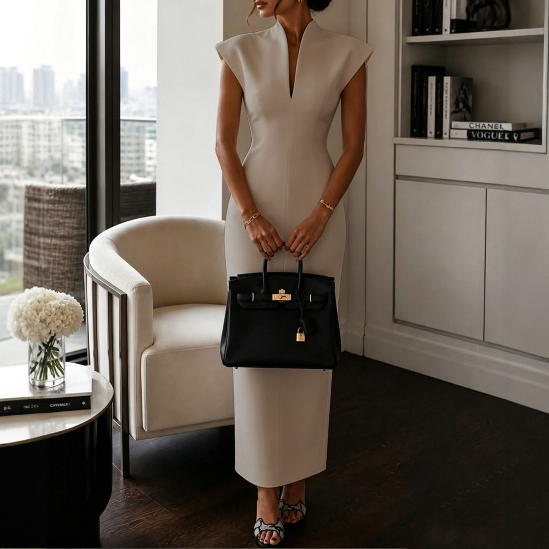 Women's Sleeveless Bodycon Dress with Stand Collar High Waist