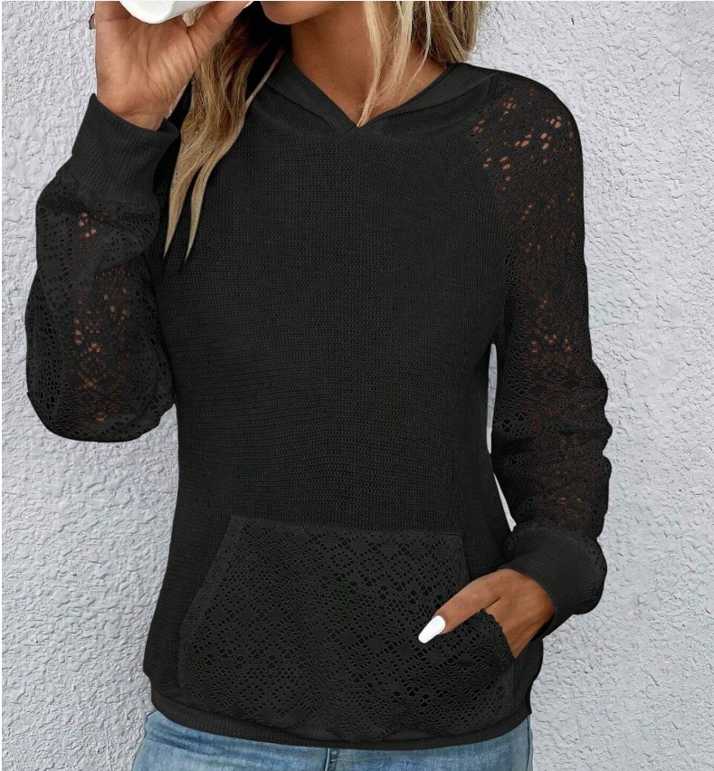 Women's Lace Waffle Knit Hooded Sweatshirt Casual Pullover