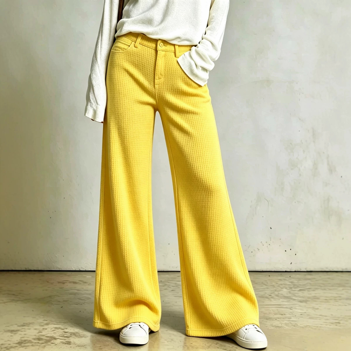 Waffle Knit High-Waist Straight-Leg Pants