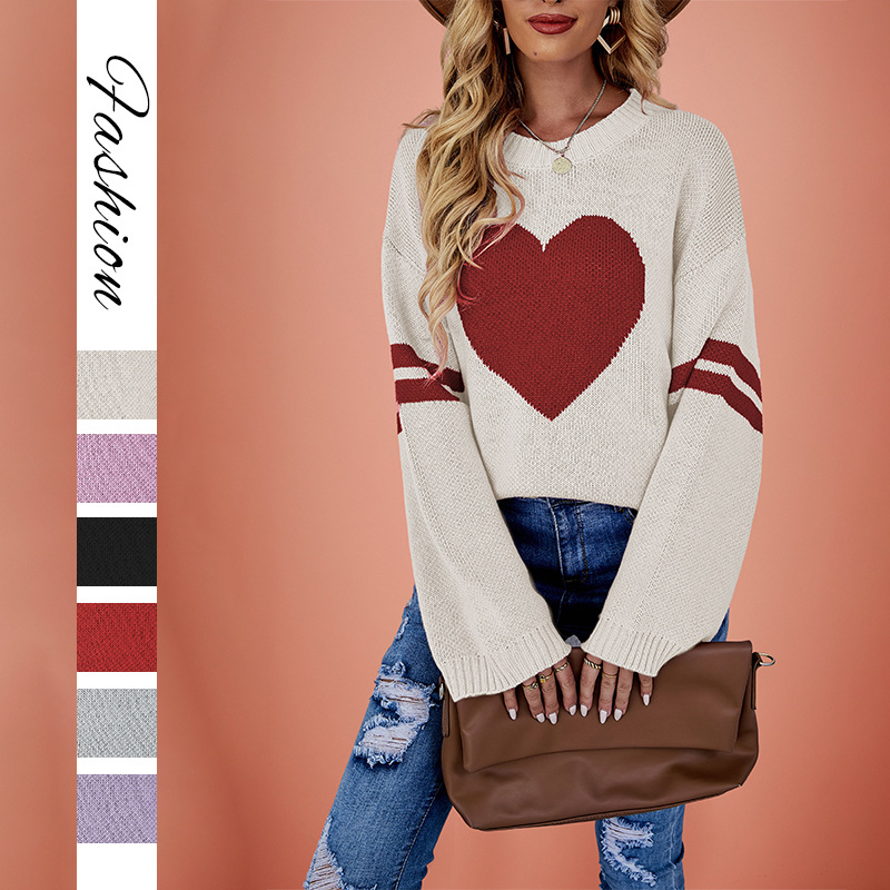 Color-Block Heart Crewneck Knit Sweater