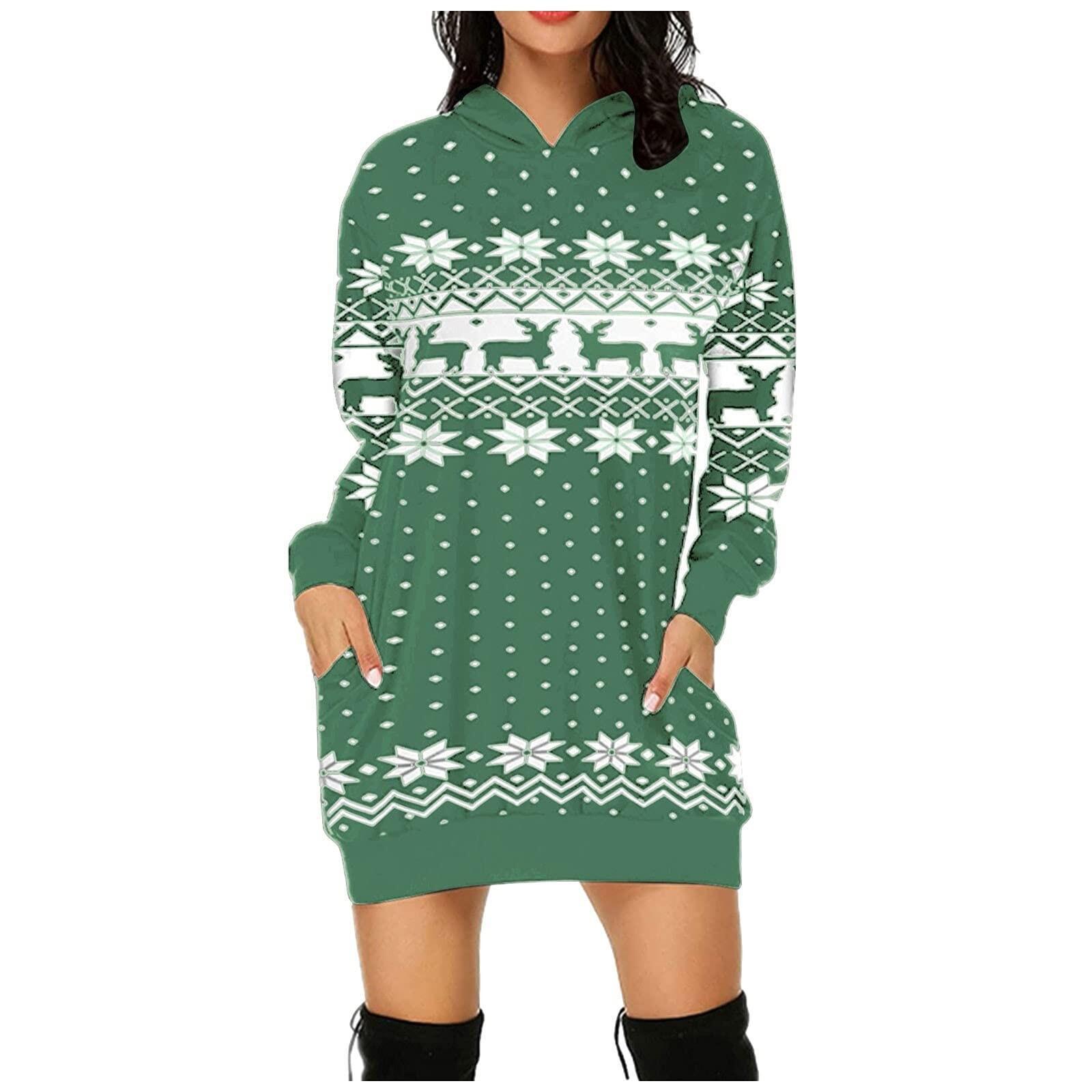 Christmas Snowflake Deer Print Hoodie Dress with Kangaroo Pocket