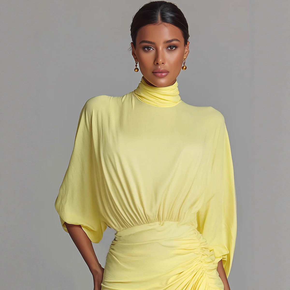 Yellow Ruched High Neck Long Dress
