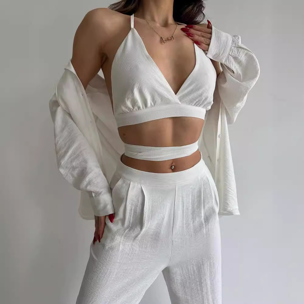 Lace-Up Cami Top and High-Waist Straight Pants Suit with Blazer
