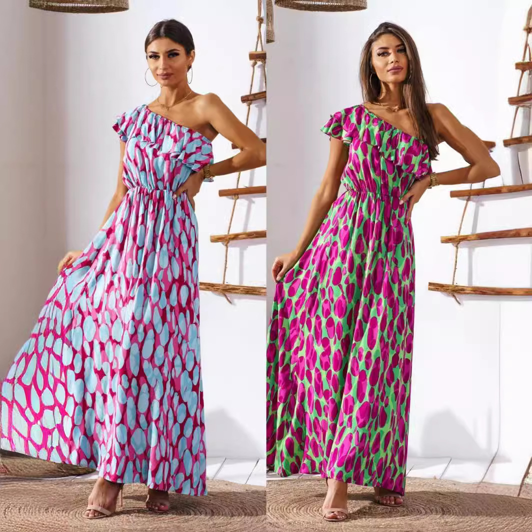 Women's Off-Shoulder Floral Print Long Dress with Waist