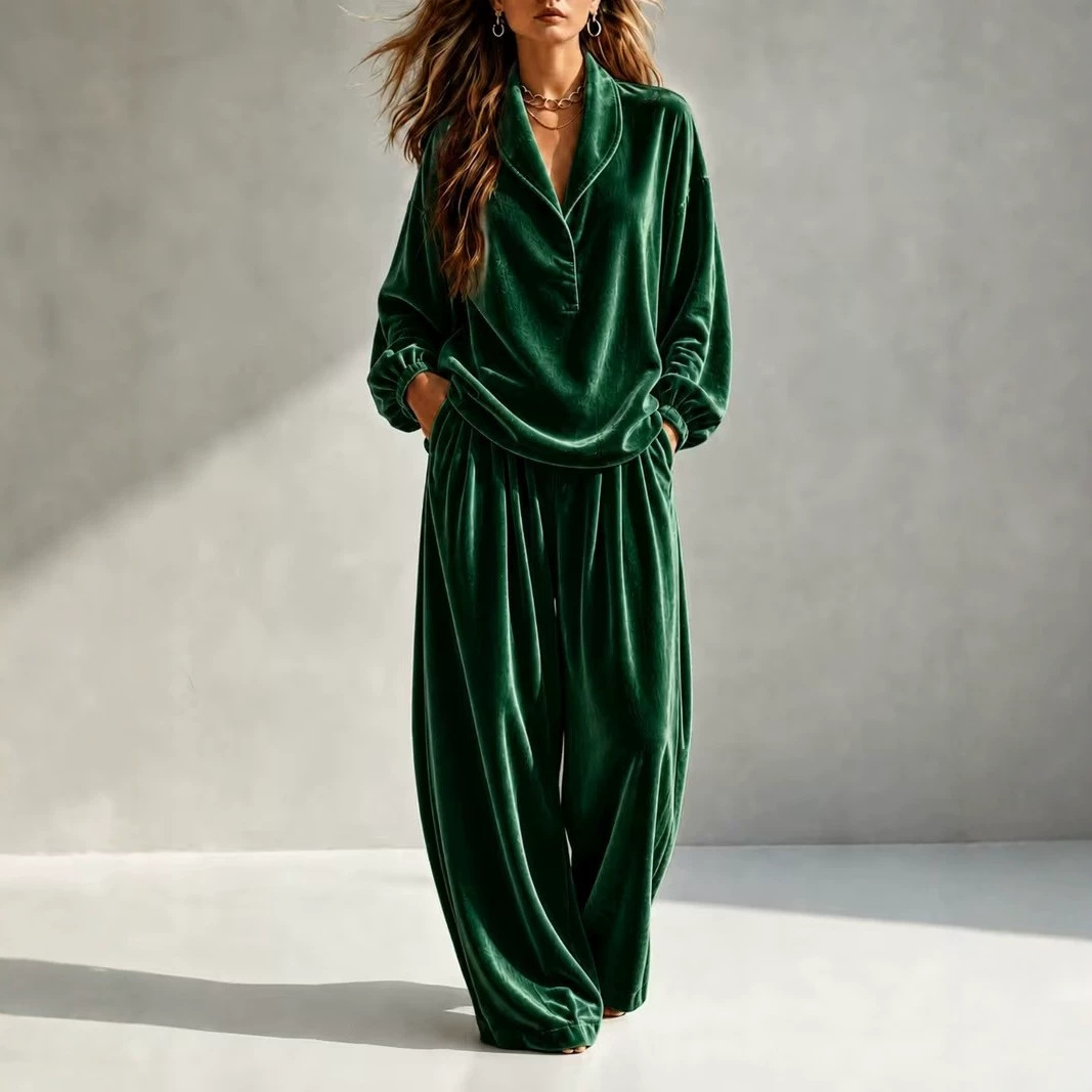 Velvet Long Sleeve Collared Two-Piece Set