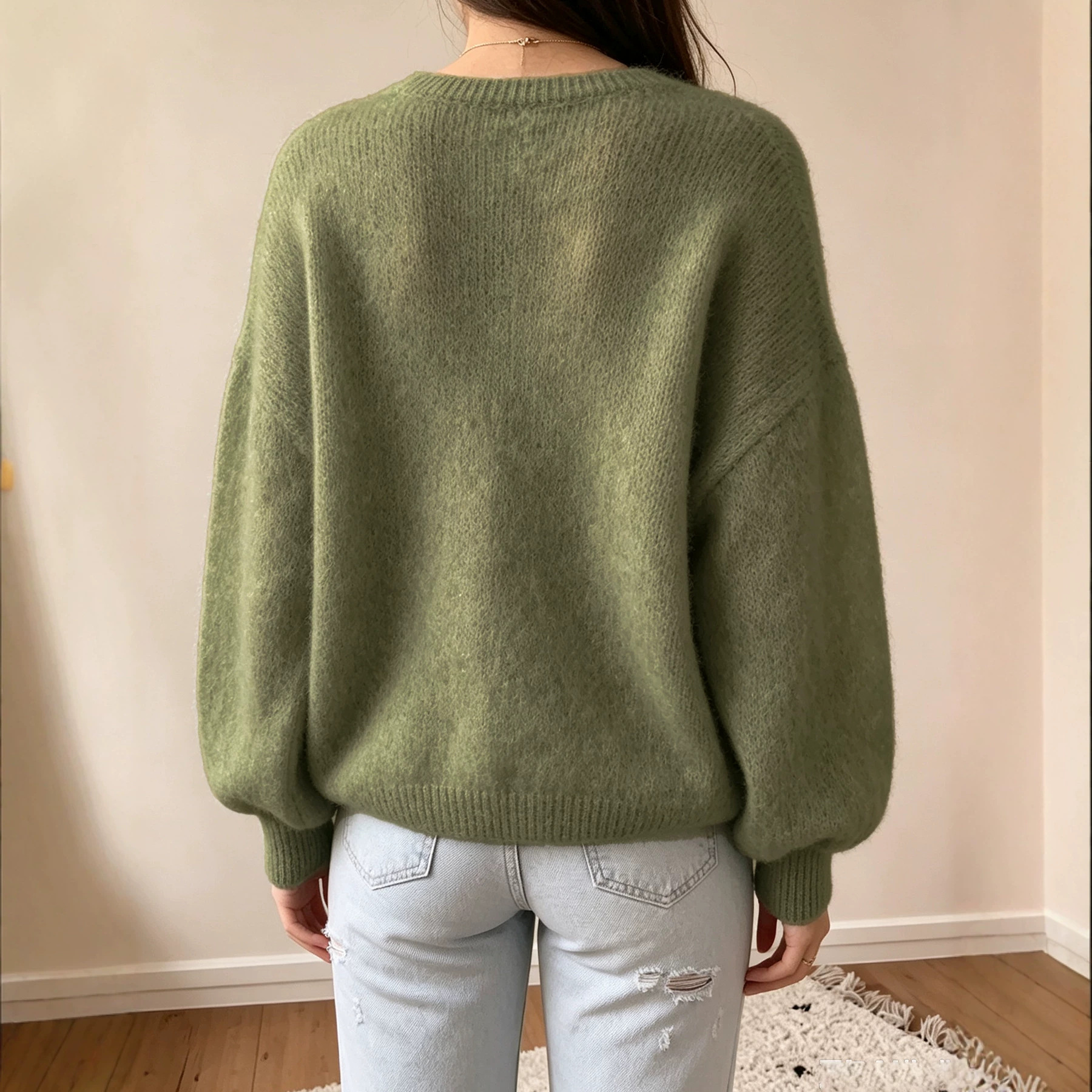 Women's V-Neck Solid Color Loose Drop Shoulder Lantern Sleeve Knit Pullover Sweater