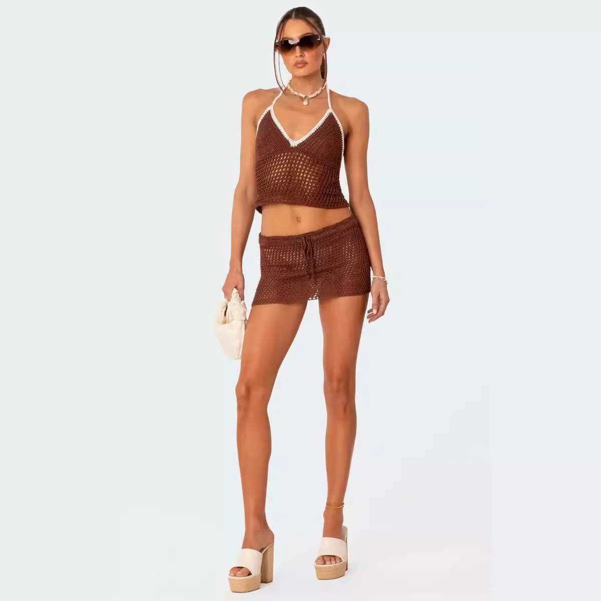 Women's Knit V-Neck Open-Back Halter Cami & Sheer Mini Skirt Sexy Two-Piece Set