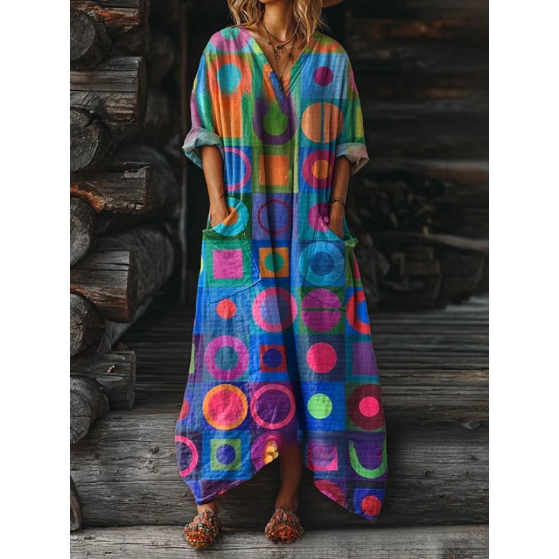 Women's Floral Ripple Print V-Neck A-Line Midi Dress Long Sleeve