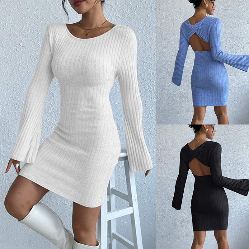 Women's Open-Back Long Knit Sweater Dress with Bell Sleeves