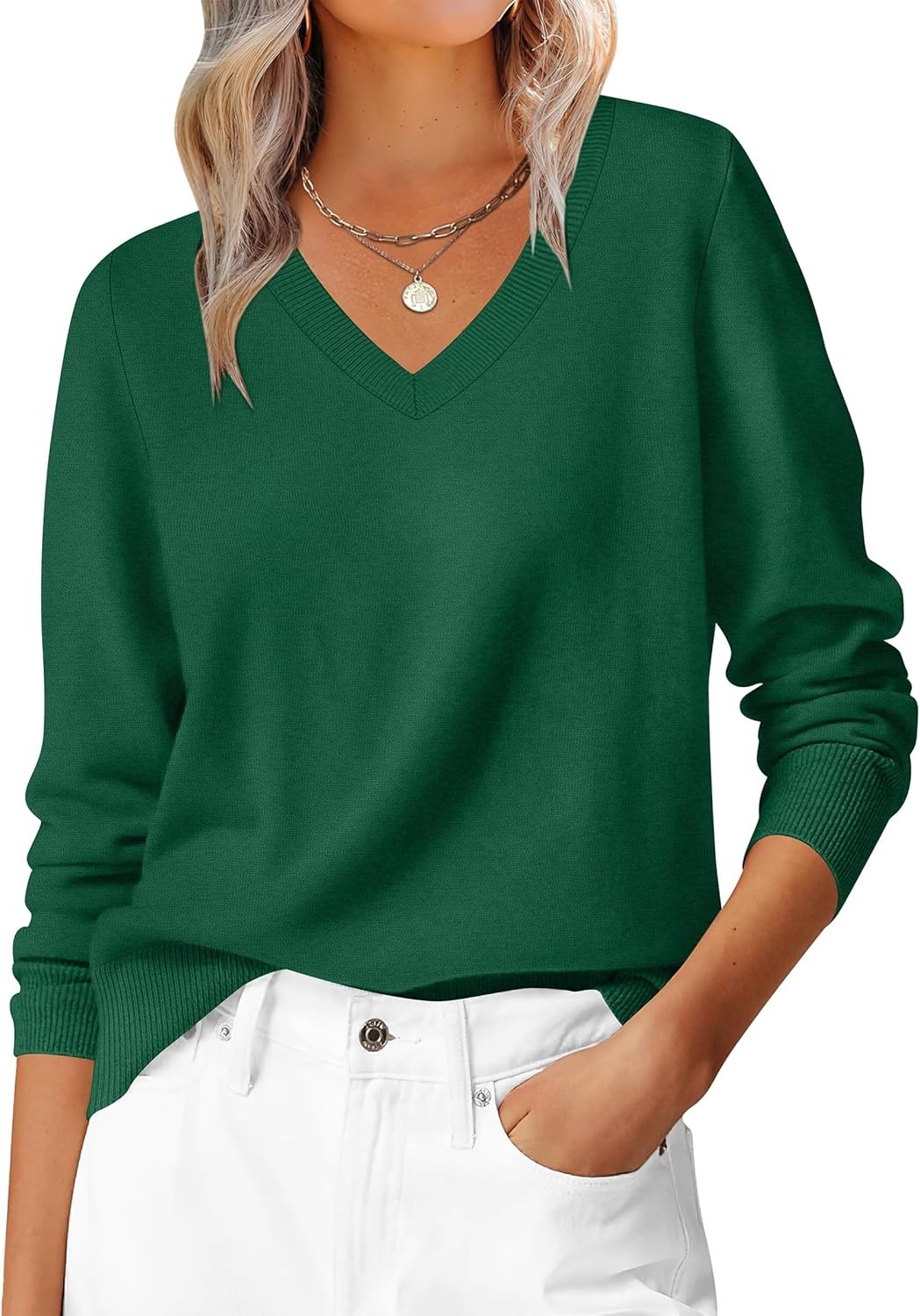Women's Long Sleeve V-Neck Sweater Soft Loose Pullover Classic Casual
