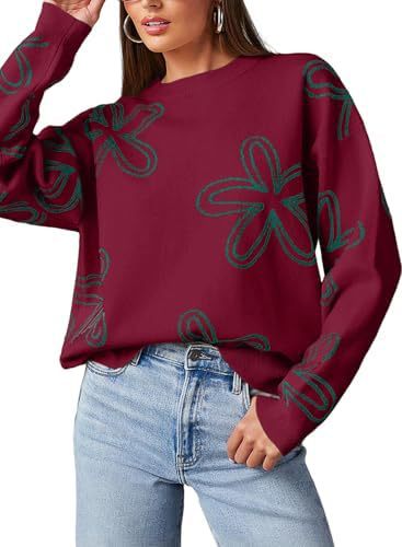 Women's Floral Print Chunky Knit Crewneck Long Sleeve Pullover Sweater