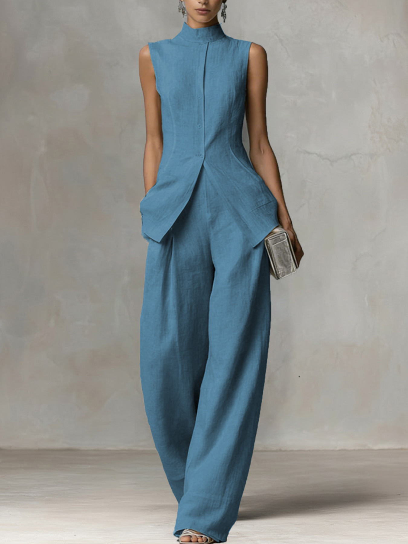 Women's Sleeveless Shirt and Pants Set with Drape, Casual Chic Two-Piece Outfit