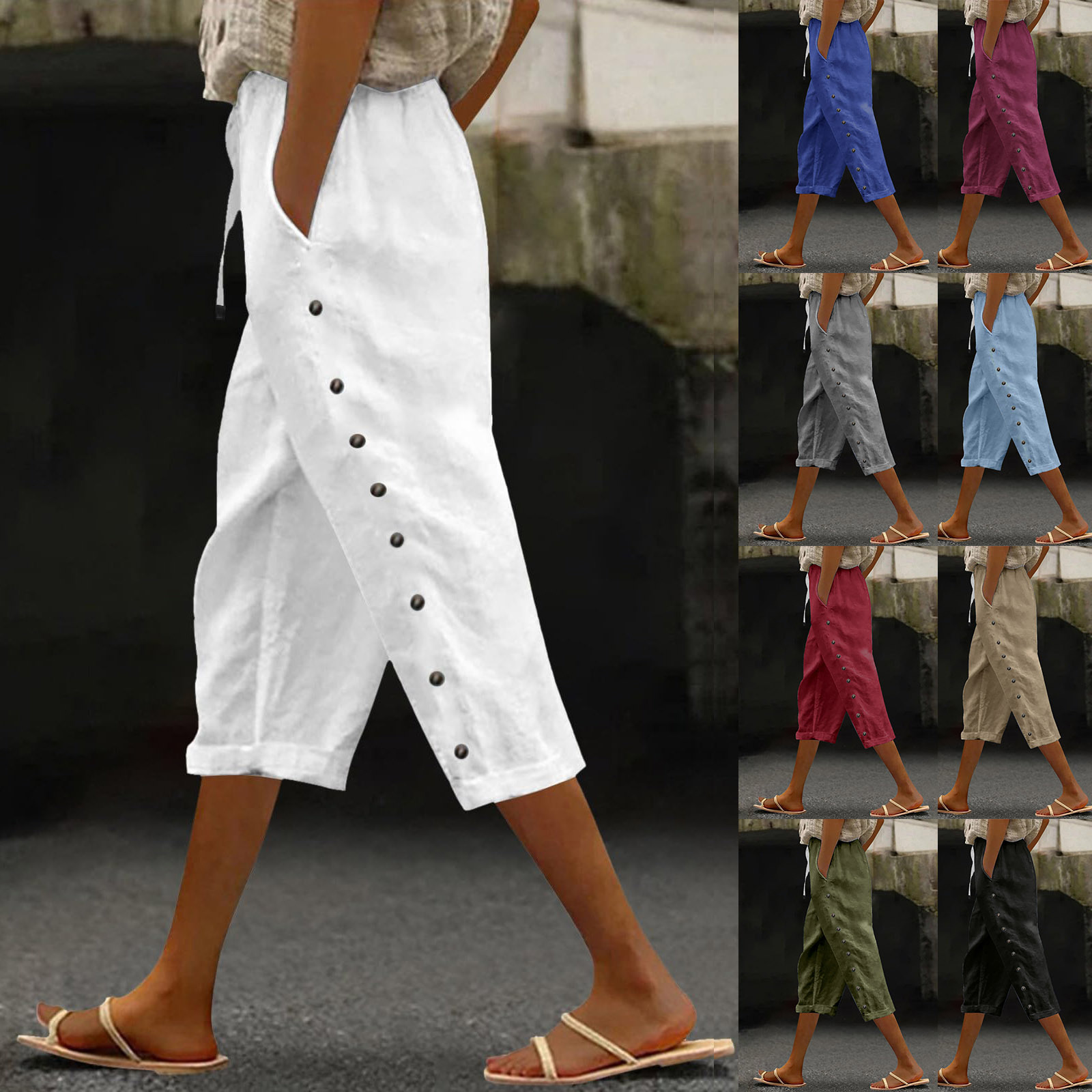 Women's Cotton-Linen Blend Cropped Pants with Elastic Waist, Breathable Straight-Leg