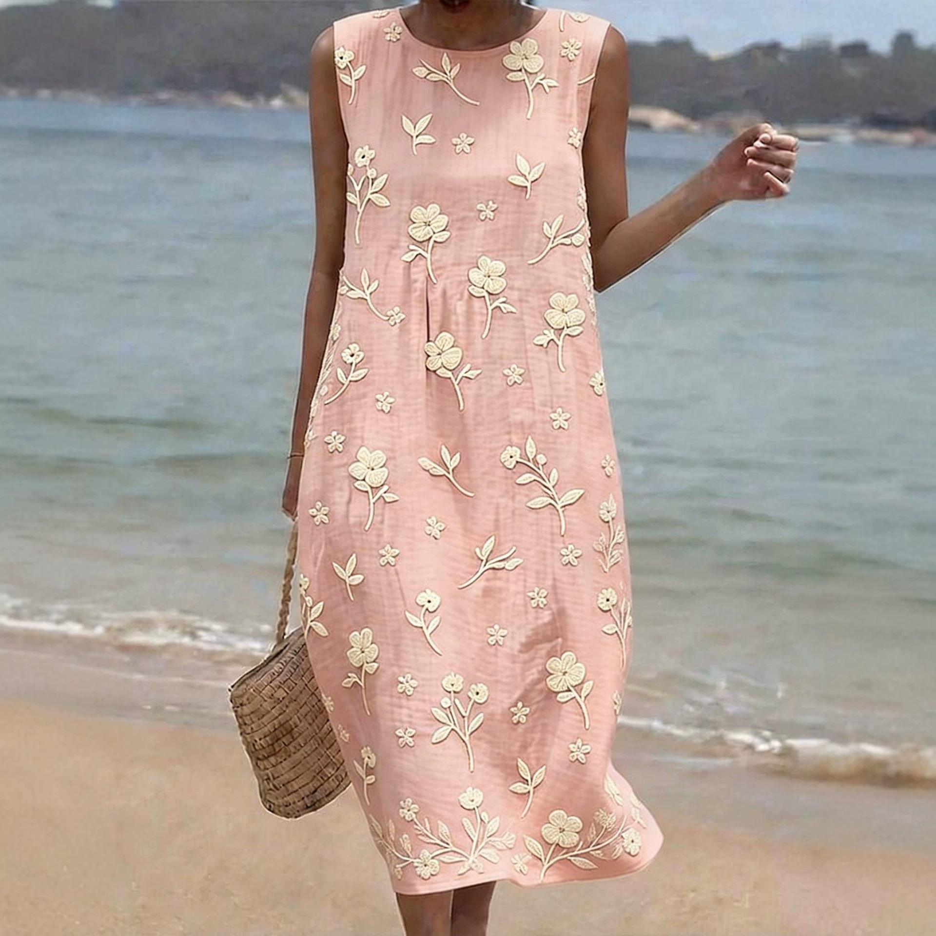Women's Vintage Patterned Sleeveless Midi Dress