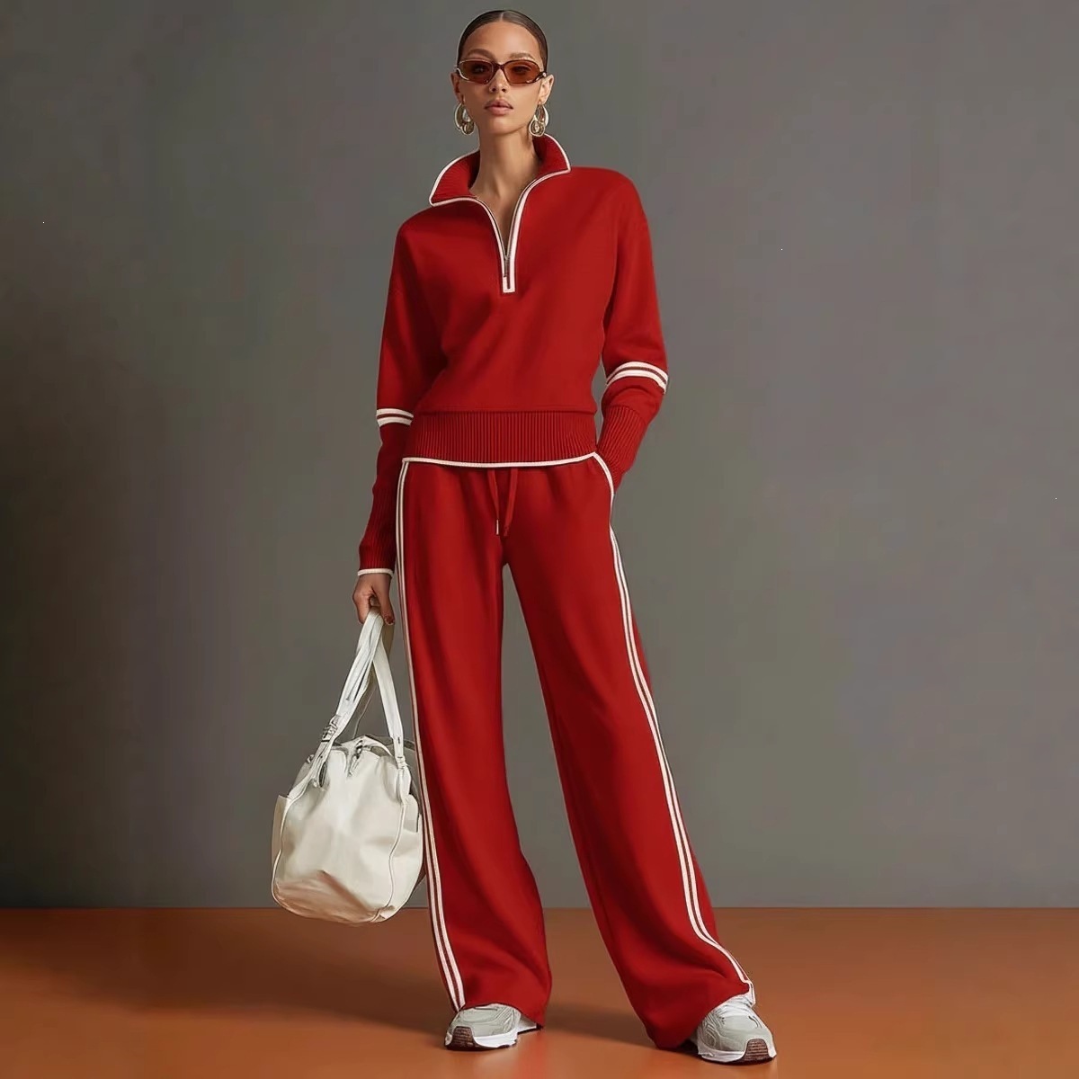 Women's Color-Block Stand Collar Hoodie & Wide-Leg Pants Casual Sport Set