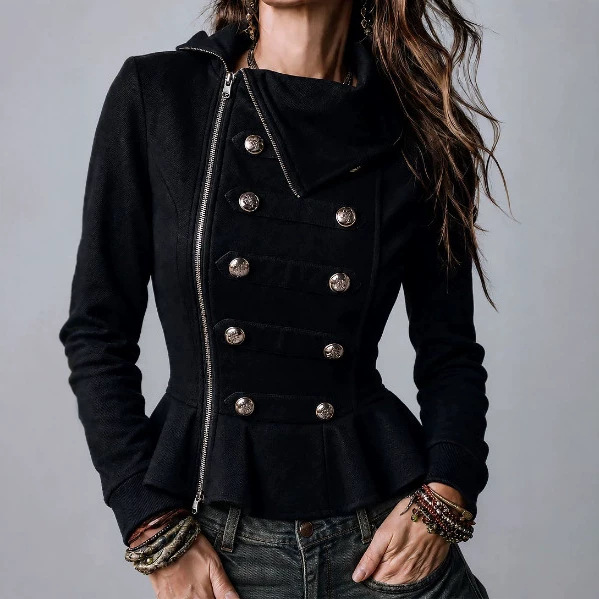 Women's Retro Solid Color Asymmetric Button Placket Ruffle Jacket