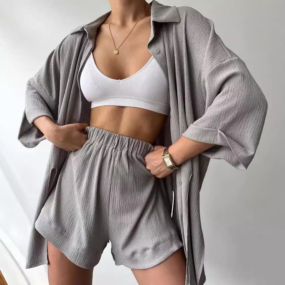 Women's Split Front Midi Sleeve Shirt and Shorts Set