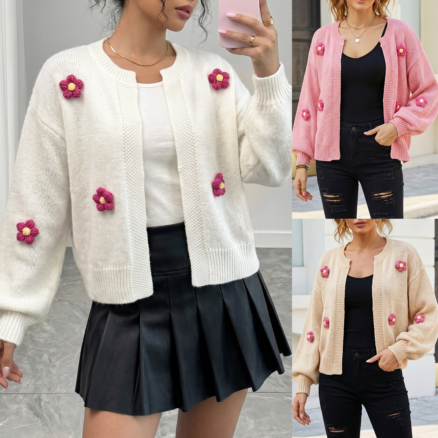 Hand-Crochet Floral Knit Cardigan Sweater