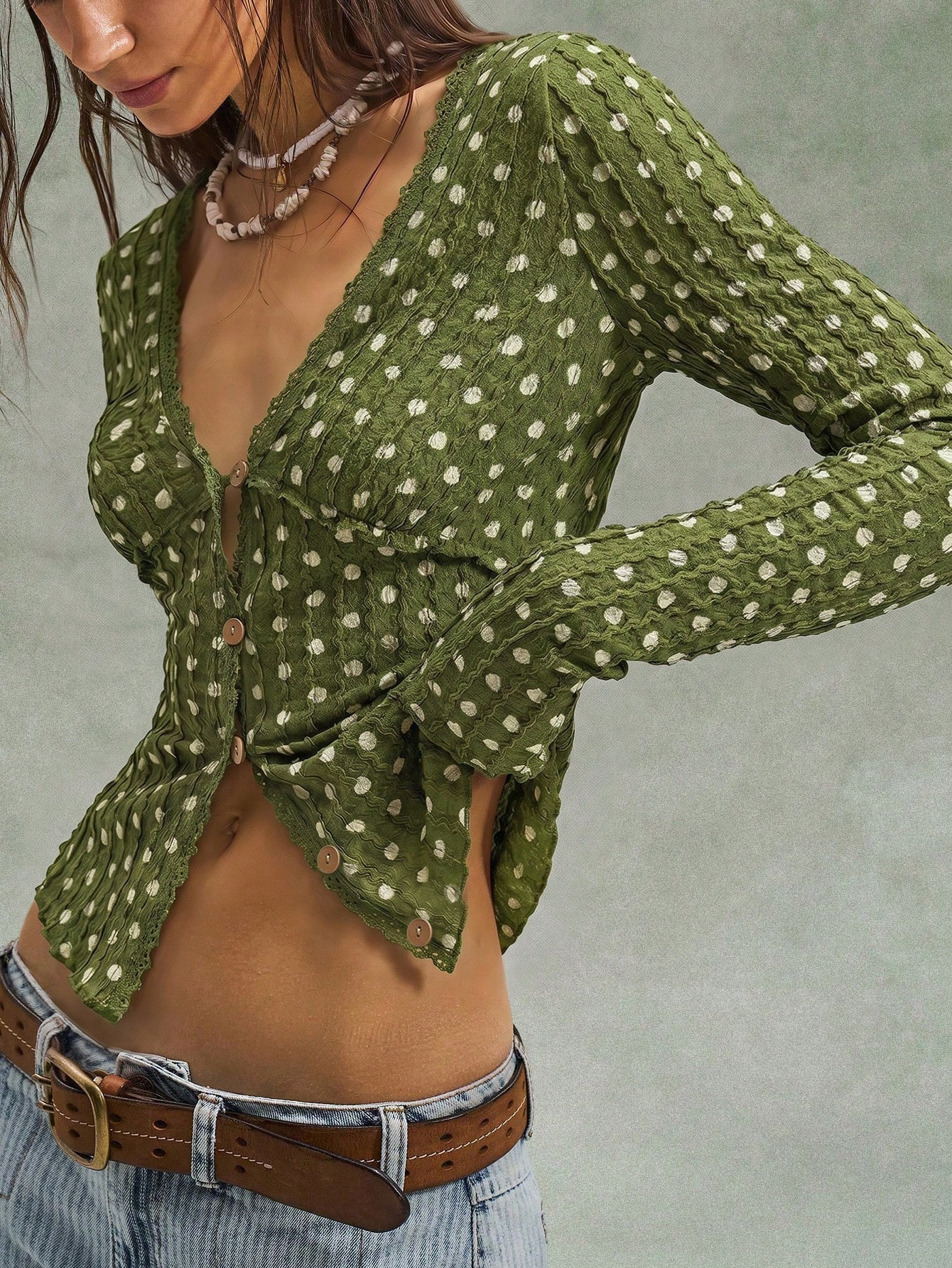 Polka Dot V-Neck Ruffle Lace Cropped Cardigan Knit Top