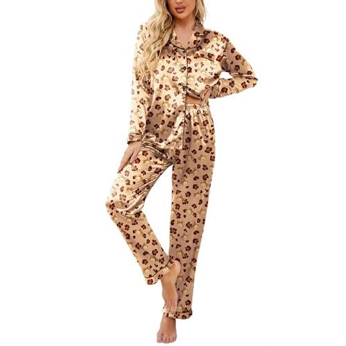 Women's Cuban Collar Leopard Print Long Sleeve Shirt Set