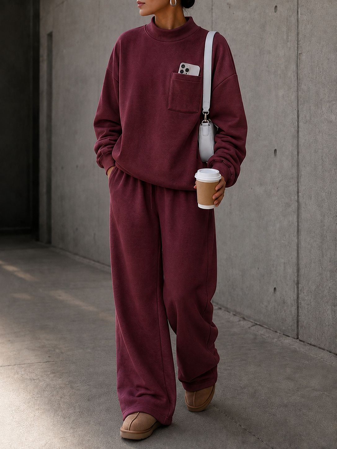 Women's Loose Stand Collar Sweatshirt & Wide-Leg Pants Set Solid Color Casual Sportswear