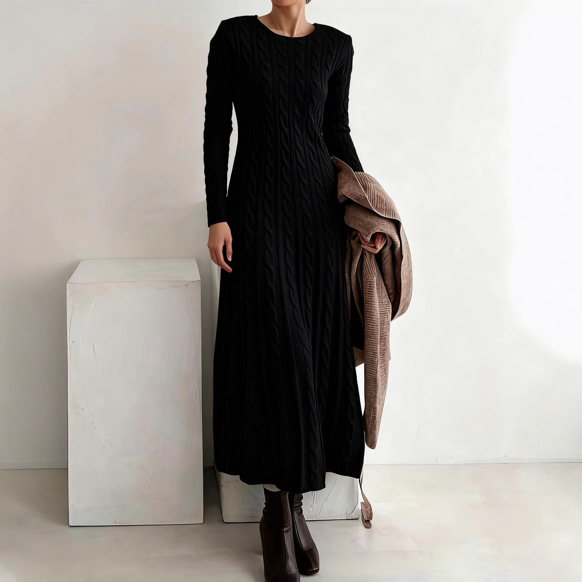 Slim Fit Cable Knit Sweater Dress Crew Neck Long A-Line Pullover