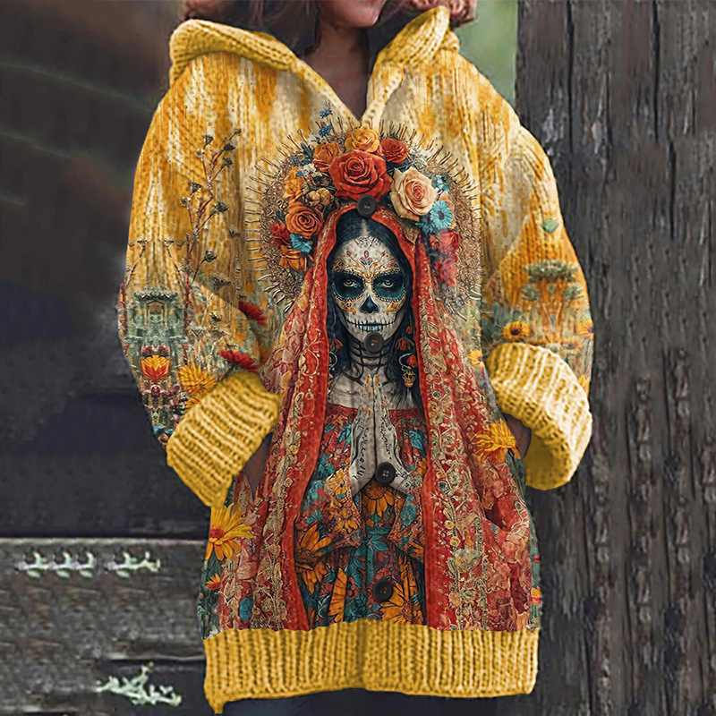 Women's Halloween Zombie Floral Print Hooded Button Cardigan Sweater