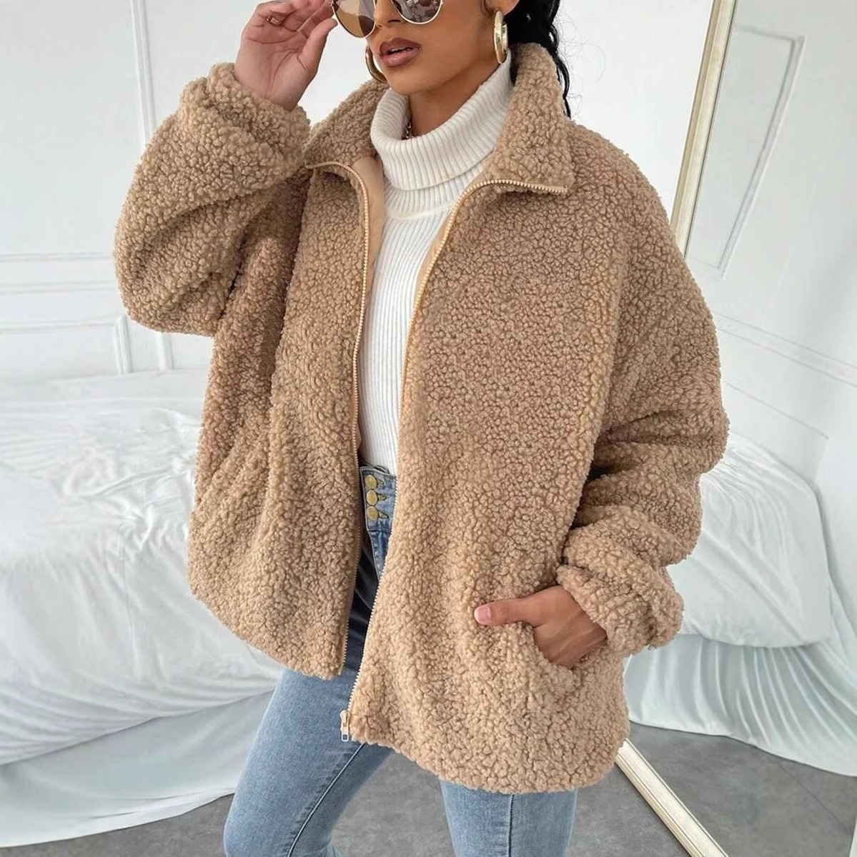 Faux Shearling Open-Front Cardigan Jacket for Women Casual Loose Fit