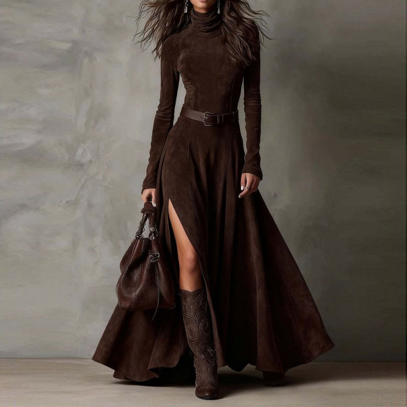 Elegant Long Sleeve High Waist Midi Dress for Fall Winter Commute