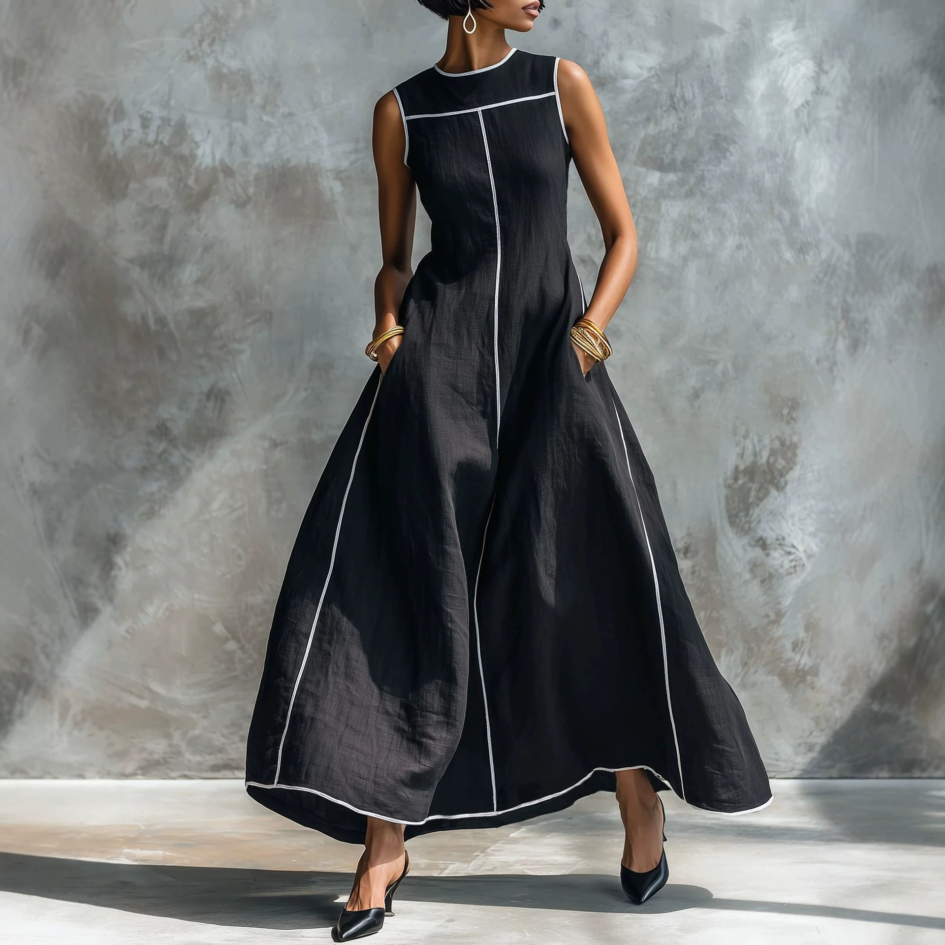 Women's Linen-Blend Sleeveless A-Line Dress with Contrast Trim